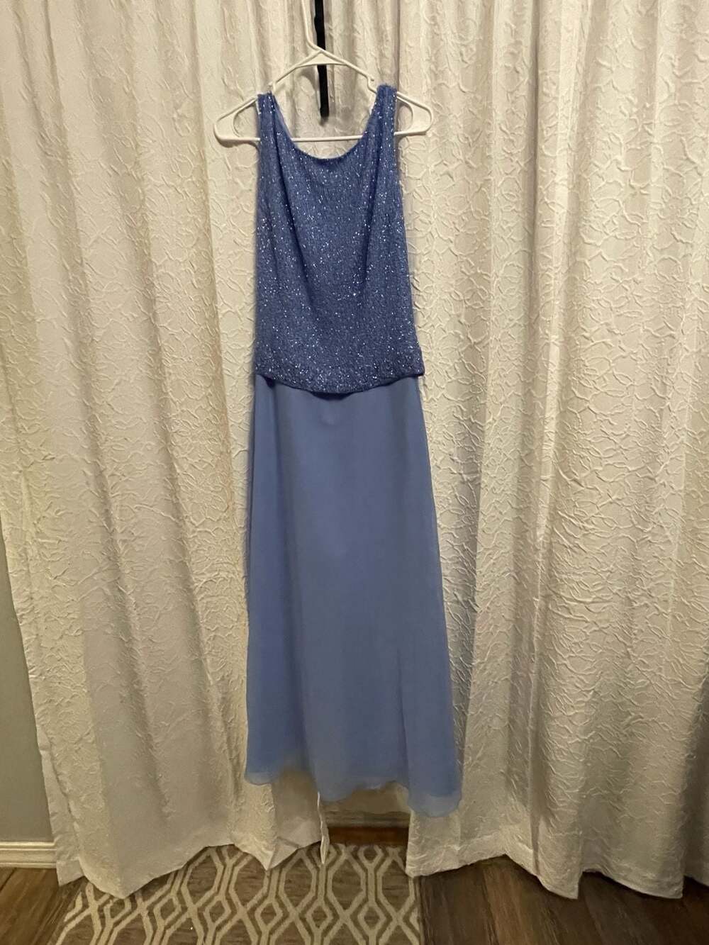 Chadwick's Beaded Formal Dress Size 14P Blue Chiffon Evening Gown 90s Vintage